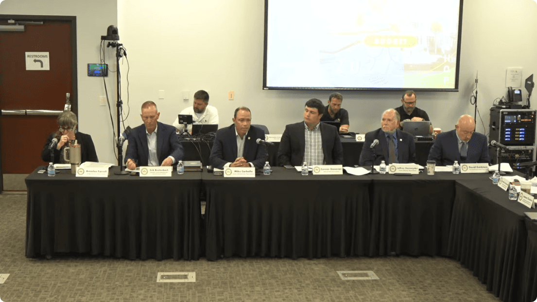 County officials at the July 7, 2026, capital budget workshop. Frame from the official Pasco County Government recording at 0:06:30.