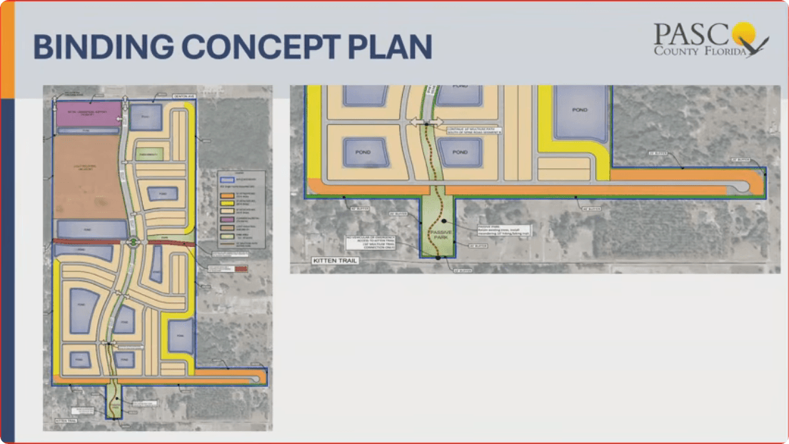 Denton Avenue binding concept plan shown during the August 25, 2026 afternoon meeting. Frame from the official Pasco County Government recording at 1:35:30.